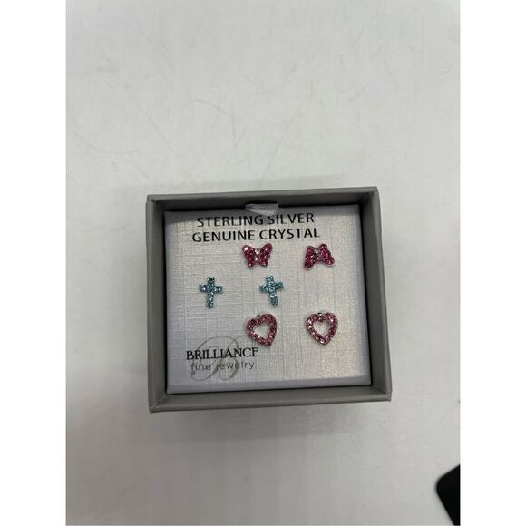 Brilliance Fine Girl's Sterling Silver Crystal Pierced Earring Set New Gift Idea - Picture 4 of 5